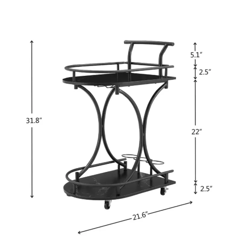 2-Tier Bar Cart – Black Rolling Cart with Rack & Glass