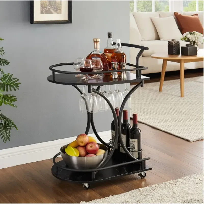 2-Tier Bar Cart – Black Rolling Cart with Rack & Glass